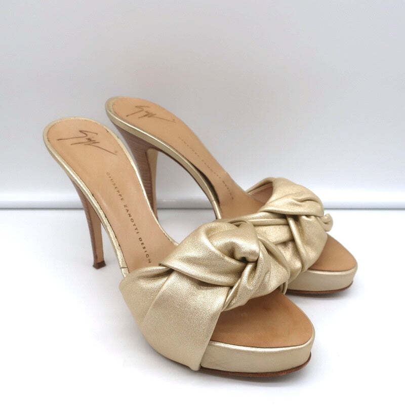 PANTOFOLA D’ORO Sandali Giuse Zanotti Plateau Annodati Mulo Oro Pelle Metallizzata Taglia 38 5