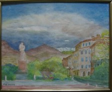 Watercolor View L'ILE ROUSSE CORSICA FRANCE Monument Statue Monogram E.K.