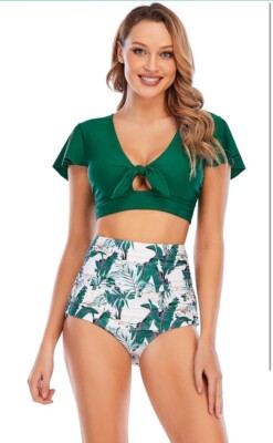 COCOSHIP Retro Ruched Ruffle HighWaist 2Piece Bikini Set Tie Knot - Main Image