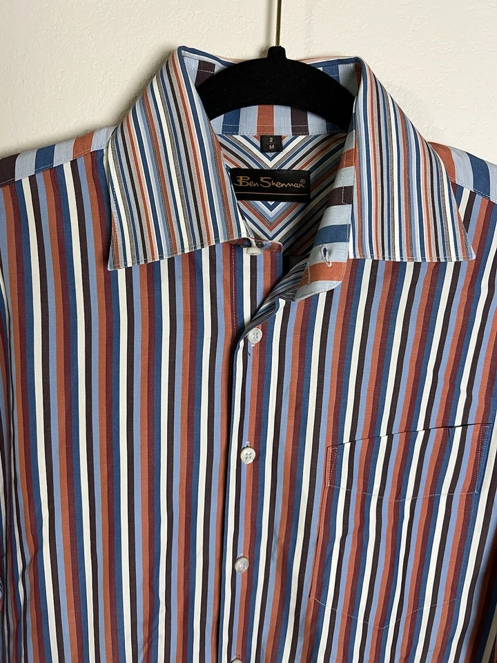 Camisa con botones Ben Sherman para hombre 2 M rayas verticales puño francés audaz Y2K Foto 3 de 4