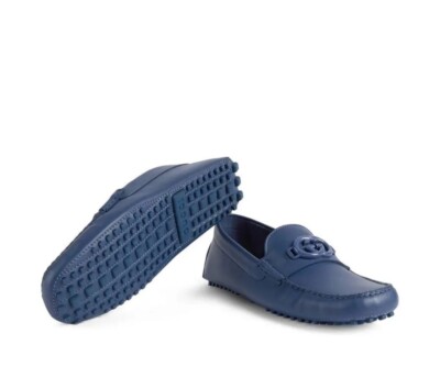 NIB Gucci Interlocking G Driver Size G 8.5 US 9 Moccasin Loafer Blue Indigo Gucci Gold Horsebit Buckle Navy Blue Leather Platform  main image 4