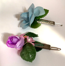 Hair 1980's Retro Barrettes Silk Flowers Leaves Blue Purple Lot-2