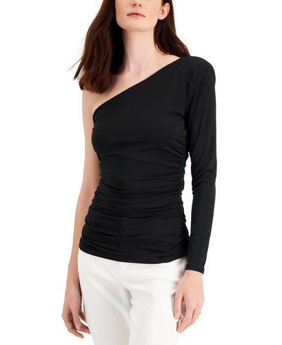 INC International Concepts Women's Ruched One-Shoulder Top (Medium, Deep Black)