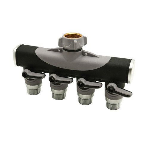 Thrifco 8429970 4-Way Garden Hose Manifold / Splitter with Shut-Off Valves- Zinc - Picture 3 of 7