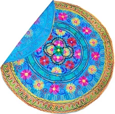 Bohemian Round Embroidered Traditional Floral Indian Table Cover Yellow Border