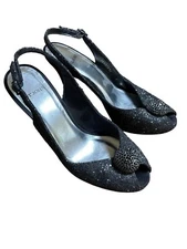 St John Satin Black Floral Rhinestone Slingback Pumps Size 8 Heels Formal