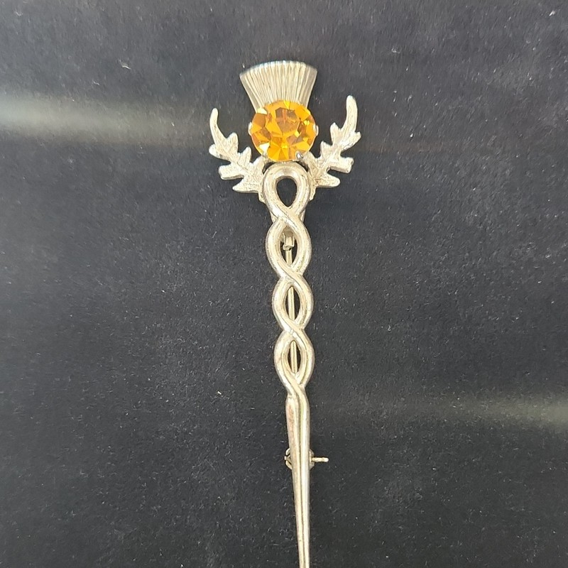 Scottish Thistle Sterling Silver Brooch/ Kilt Pin with Yellow Stone