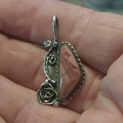 Silver Tone Metal Heart Charm Pendant Pink Triangle Stone Bezel Love Beauty