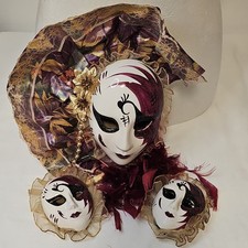 Set of 3 Venetian Style Decorative Wall Masks with Feathers, Gold, Burgundy