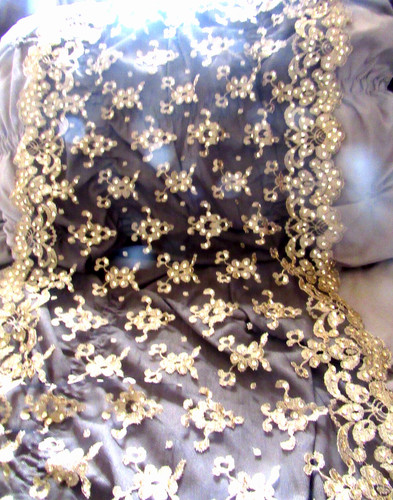 Lace SHOULDER WRAP 62" x 19" CUSTOM Detailed w/APPLI ED Sequins GOLD & BLACK