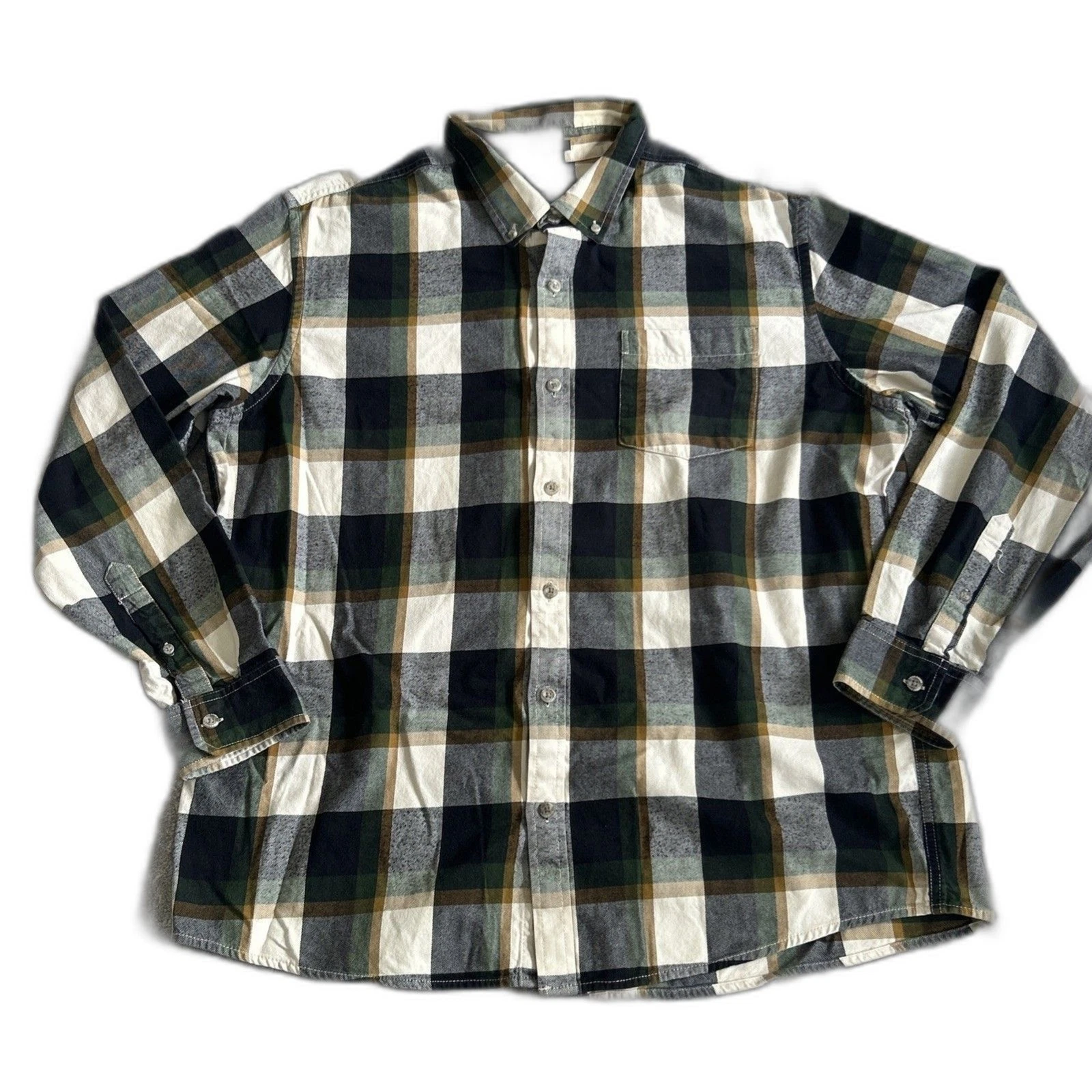 Eddie Bauer Plaid Flannel Shirt Mens XL Button Down Navy Green Green Relaxed Fit