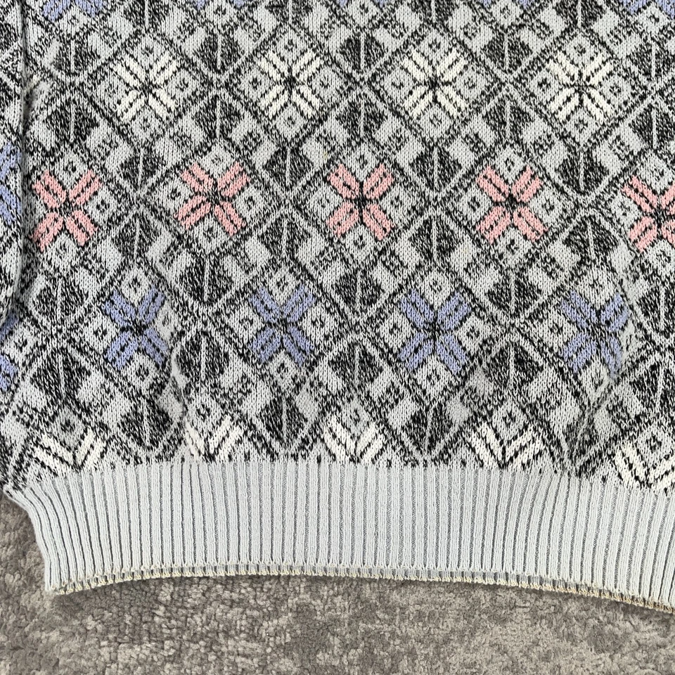 复古北欧毛衣男式 XL 灰色粉红色意大利雪花针织圆领爷爷 — 第 3/4 张图片