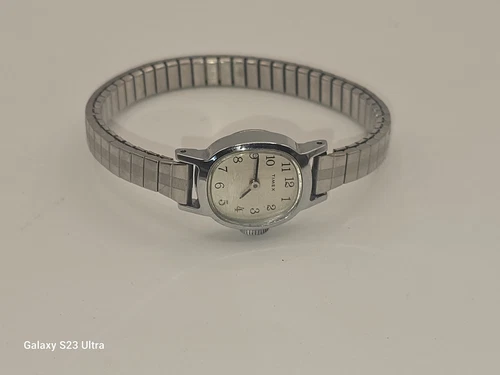 Vintage Timex Watch Women Silver Tone Stretch Band Manual Wind -Tested Works