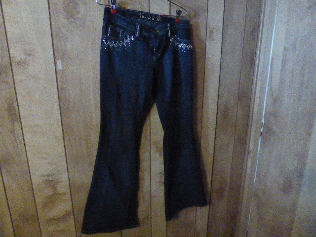 SHOKK JEANS Classic Dark Blue Denim Rhinestone Flair Leg Jeans Size 11
