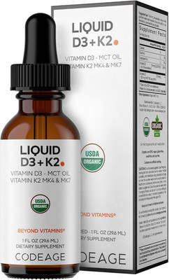 Codeage Liquid D3+K2 Vitamins USDA Organic - Vitamin D3 2000 IU, Vitamin K2 (MK4