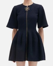 Oscar de la Renta Women's Blue Lined Wool Silk Tweed Zip Front Dress Size 10