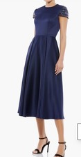 Mac Duggal Satin Hand Beaded Cap Sleeve Midi Dress, Sz 8, New, Blue