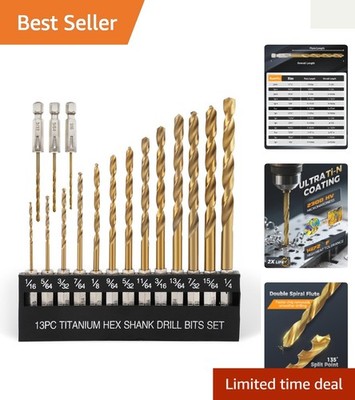 Versatile 16-Pc Drill Bit Set: Titanium Coated for Wood, Plastic & Metal