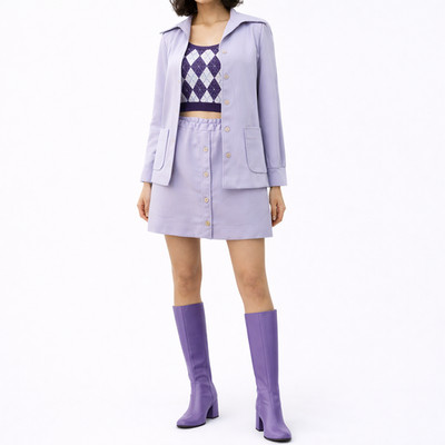70s Vintage Mini Skirt Set Lilac Mint Green Butterfly Collar Skort Jacket Outfit