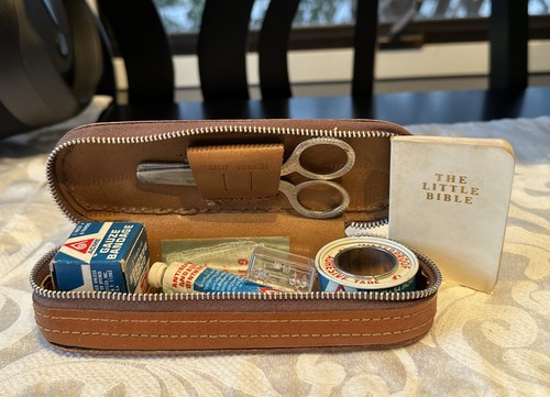 Vintage First Aid Kit Leather Split Cowhide 1964 The Little Bible & Contents