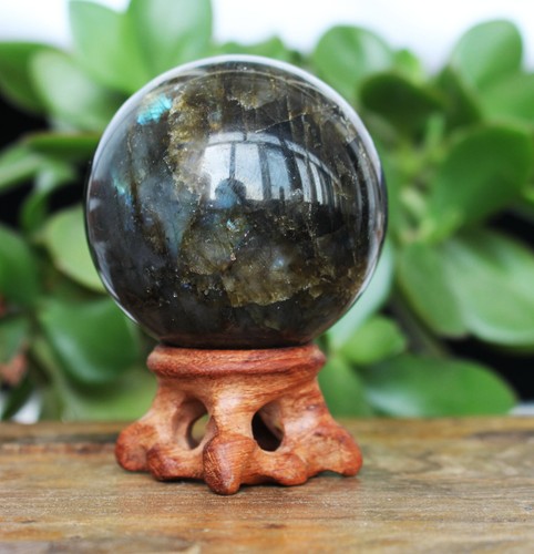 278g Blue & Gold Flash LABRADORITE Crystal Sphere Ball w/Rosewood Stand - Imagen 4 de 10
