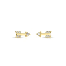 14K Real Solid Yellow Gold Dainty Mini Arrow CZ Sleeper Stud Earrings Screw-back