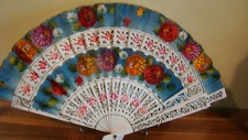 Handpainted Floral Hand Fan Wooden Fabric BRIGHT COLORS 9" h x 17" W Vtg
