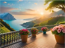 Tile Mural Morning Terrace Flowers Sea Kitchen Bathroom Shower Wall Backsplash