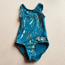 GK Elite Gymnastics Leotard Child Extra Small CXS Teal Blue Gold *READ*