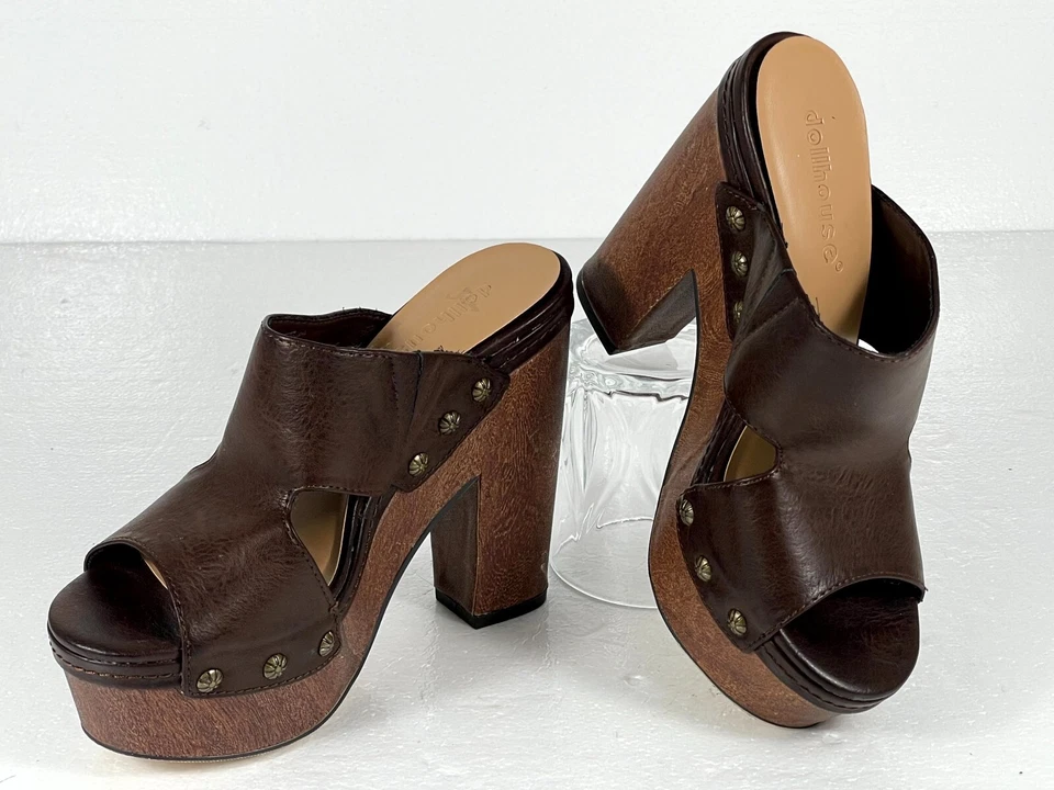 Sandalia con plataforma Edlyn para casa de muñecas 6 marrón bloque tacón de madera correa de metal boho Foto 4 de 4