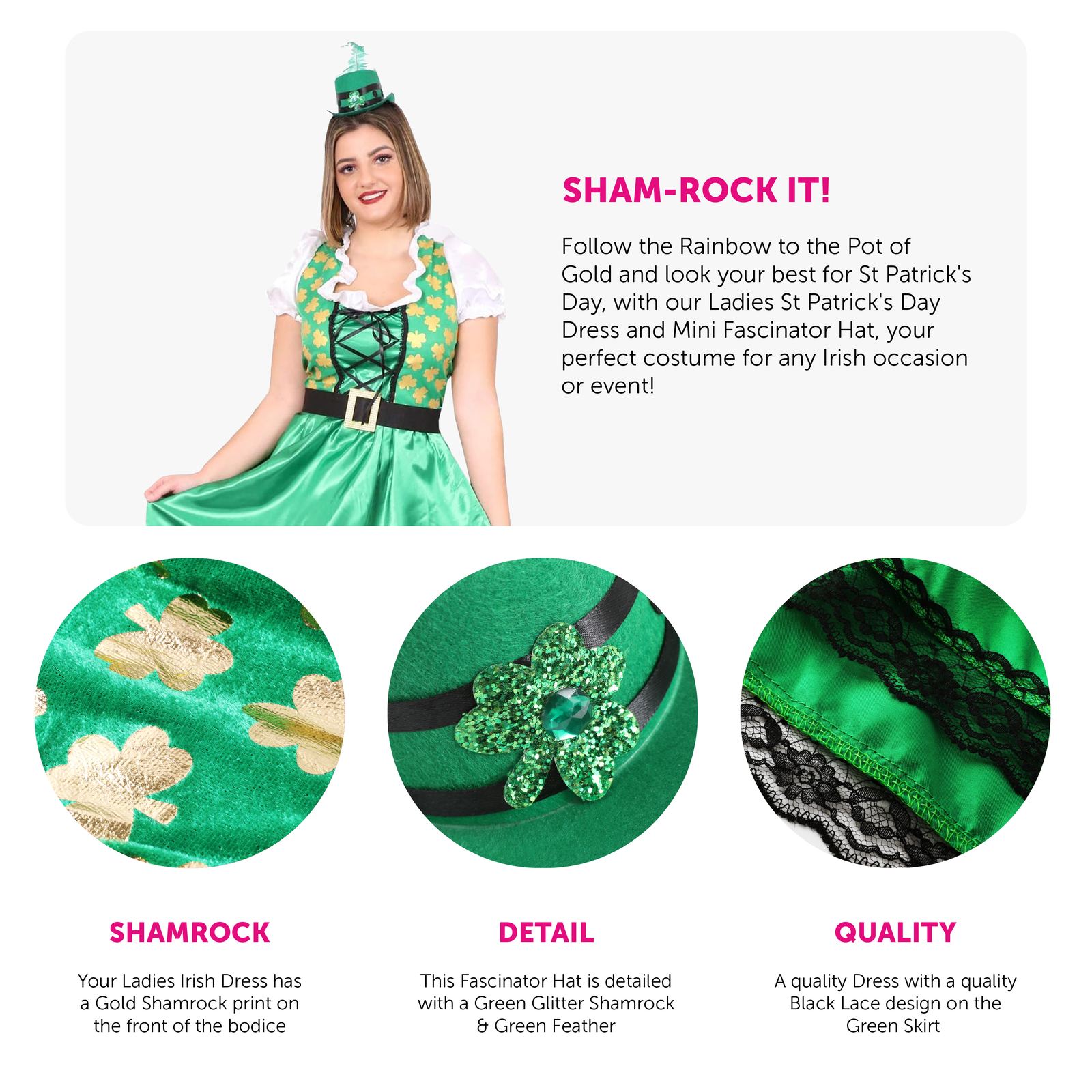 LADIES IRISH COSTUME DRESS + MINI HAT ST PATRICK'S DAY IRELAND FANCY DRESS image 3