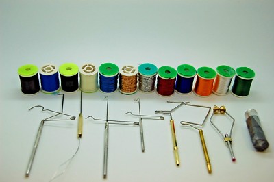 Fliegenbindewerkzeug und Materialset, Zahnseide, Lametta, Gewinde, Peitschenfinisher, Bodkin