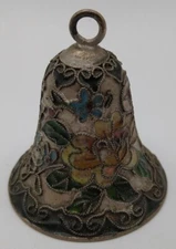 Vintage Cloisonne Bell Green Inside Flowers Metal Loop To Hang Silver and Green
