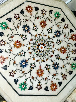 Marble Top Side Table handicraft floral art inlay semi precious stones inlay