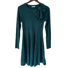 Eliza J Green Ribbed Long Sleeve Sweater A-Line Midi Dress Bow Size S