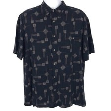 Island Shores Men's Hawaiian Shirt Black Floral Print Size L Vintage