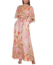 ELIZA J Blush Floral Print Capelet Cape Belted Sash Tie Maxi Gown w/ Pockets 10