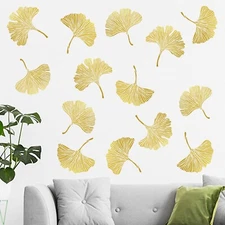 Mfault Gold Leaves Wall Decals Stickers, Ginkgo Leaf Botanical Living Room De...
