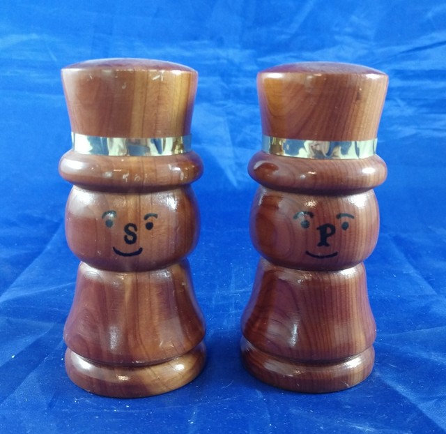 Vintage Wooden Salt and Pepper Shakers, Teak(?), With Faces S & P Noses