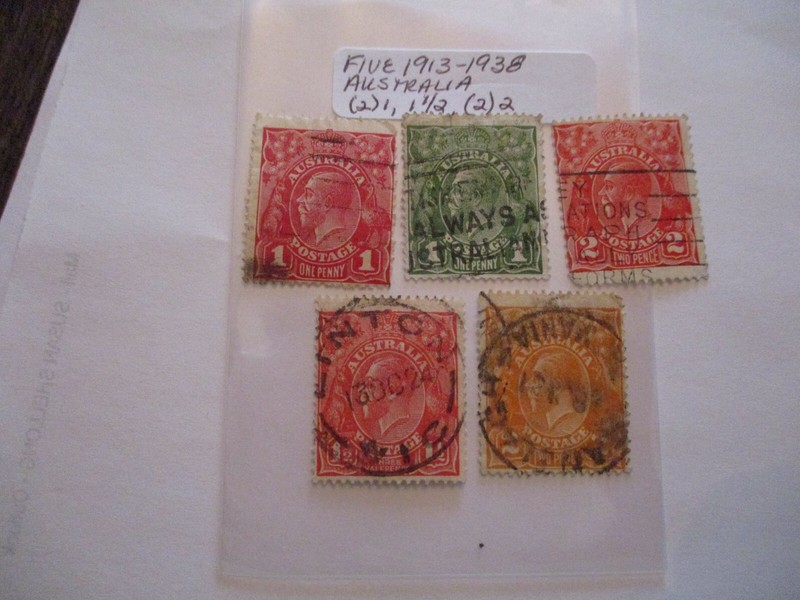 Five 1913-1938 Australia Postage Stamps - (2)1, 1 1/2, (2)2