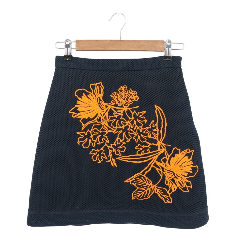 MSGM Italy Orange Floral Embroidered Navy Blue Mesh A-line Skirt 40 US 6
