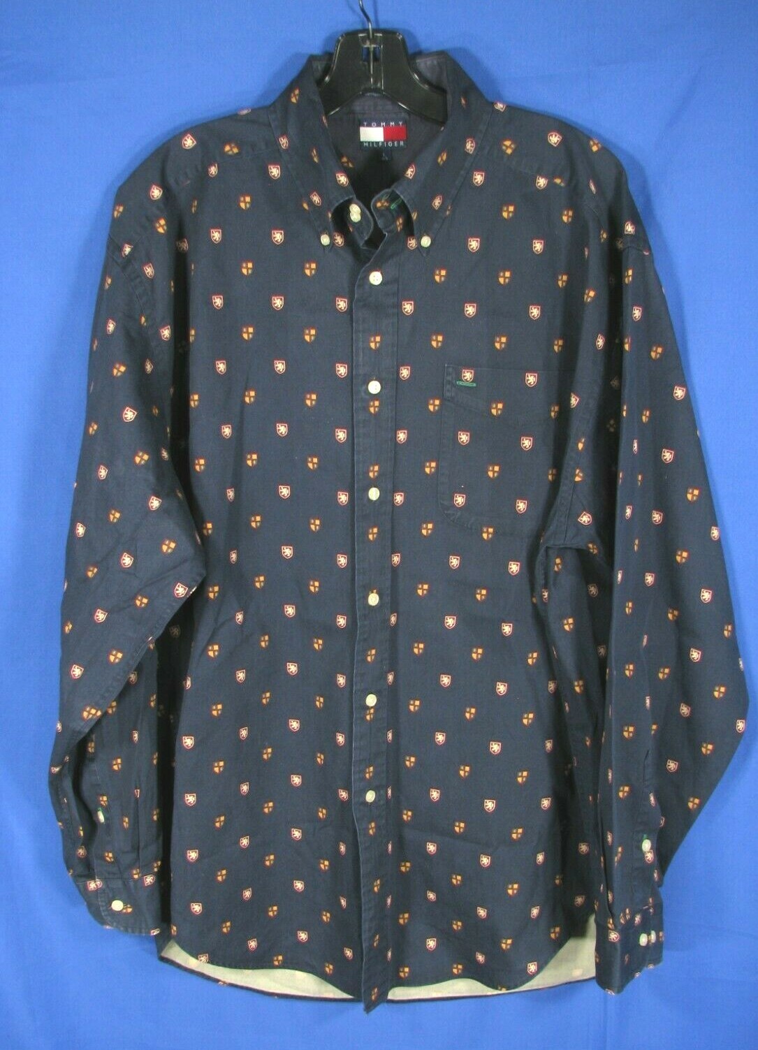 VTG Tommy Hilfiger Navy Blue Button-Up Dress Shirt with Lion & Shield Logo
