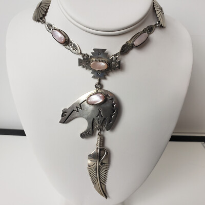 NA Native American Bear Pendant on Concho Necklace .925  Navajo Nellie Bain