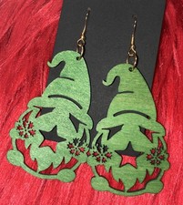 Women  s Green Gnome Shaped Wooden Earrings Cutout Medium Lightweight Holiday