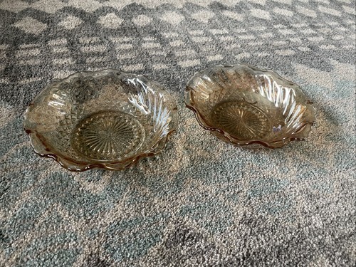 Marigold/Amber Carnival Glass Bowl w Ruffled Edge Gold Iridescent 6.75” Set Of 2 - Picture 1 of 6