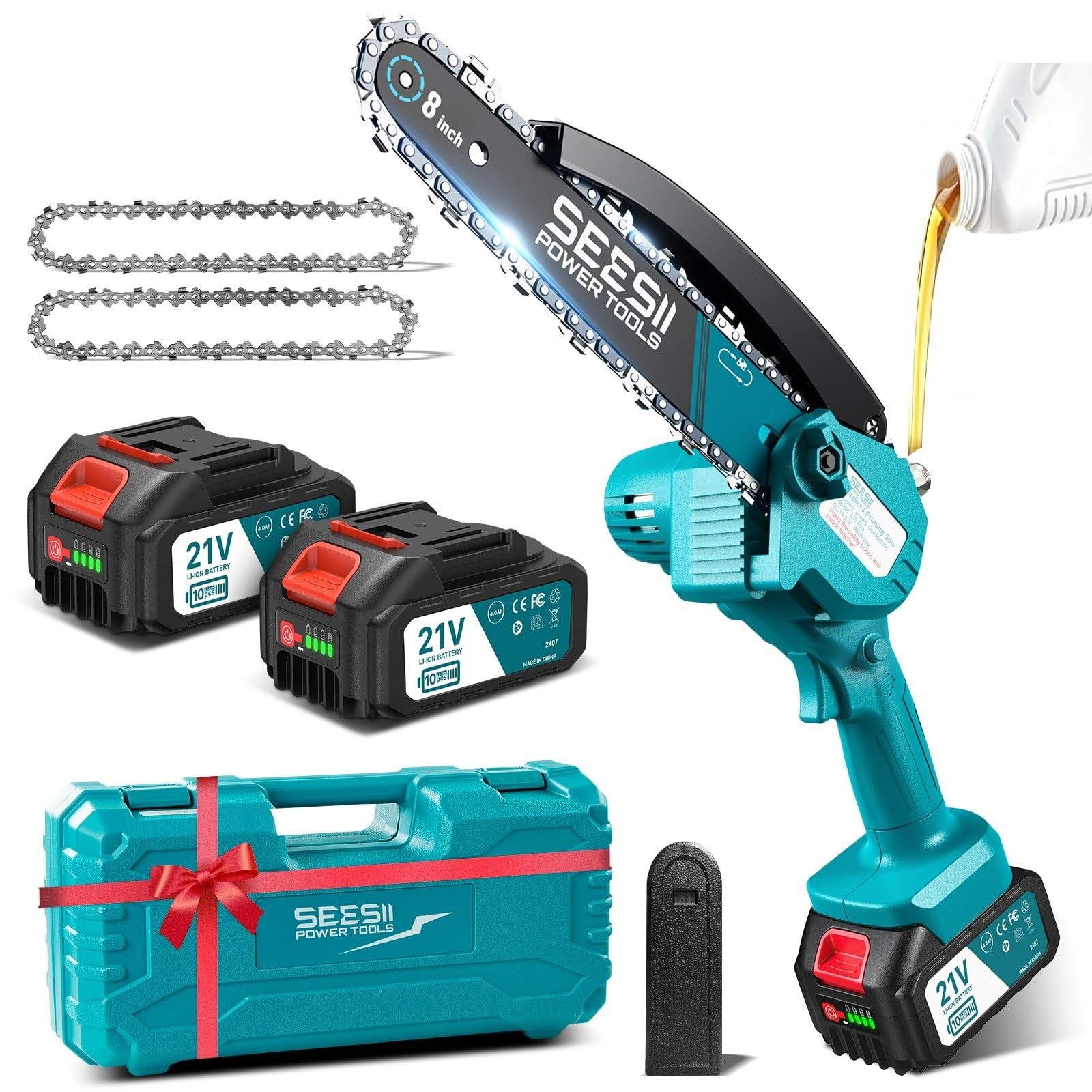 8 Pollici Mini Motosega a Batteria 2x4000mAh Motosega Elettrica con Iniettore