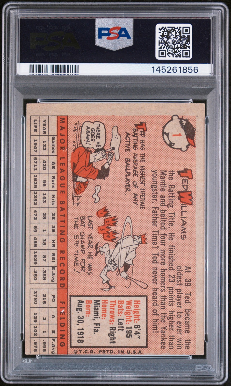 1958 TOPPS #1 TED WILLIAMS PSA 5 view 2