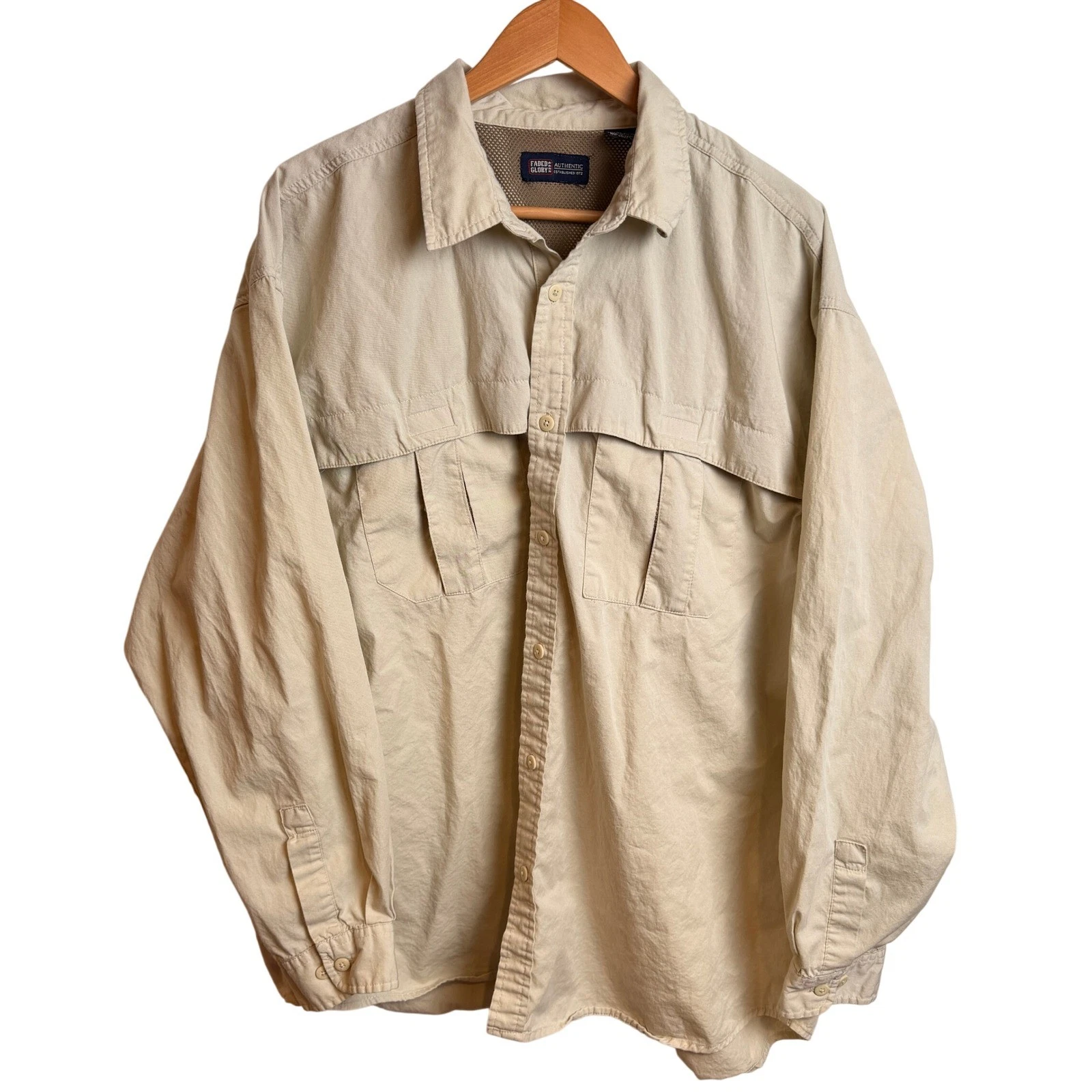 Mens Fishing Shirt XL Tan Vented Long Sleeve Button Down Utility 2 Pocket Hiking