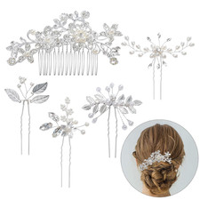 5 Pieces Wedding Hair Comb Bridal Hair Pins Set Silver Crystal Pearl Hair Side C