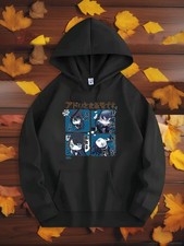 Women's Anime Manga Print Hooded Sweatshirt - Black with Text  Characters, Unis